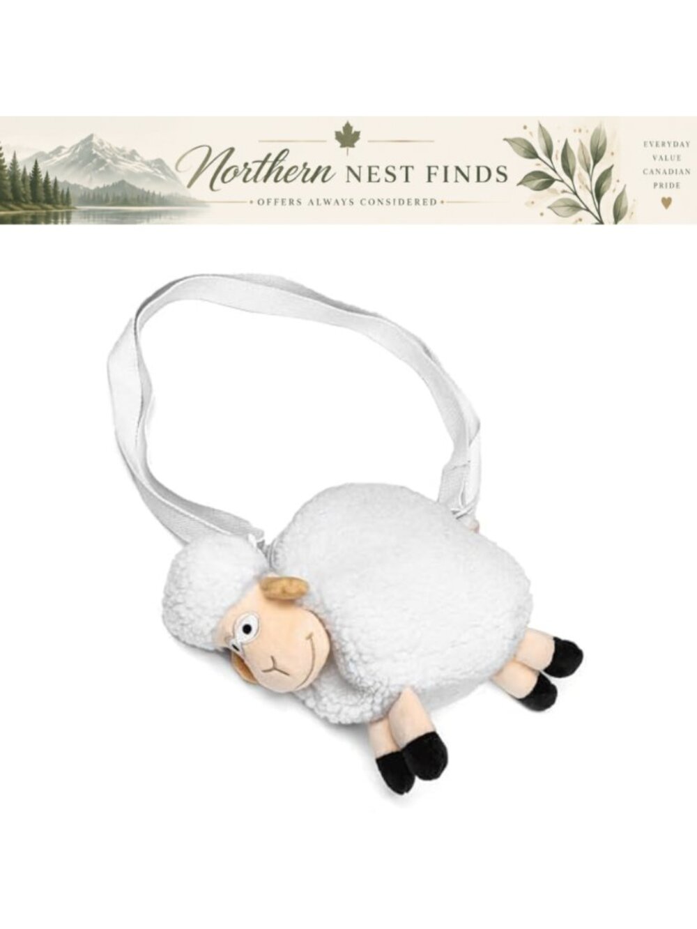 Plush Sheep Crossbody Bag Novelty Purse with Adjustable Strap 100% Polyester